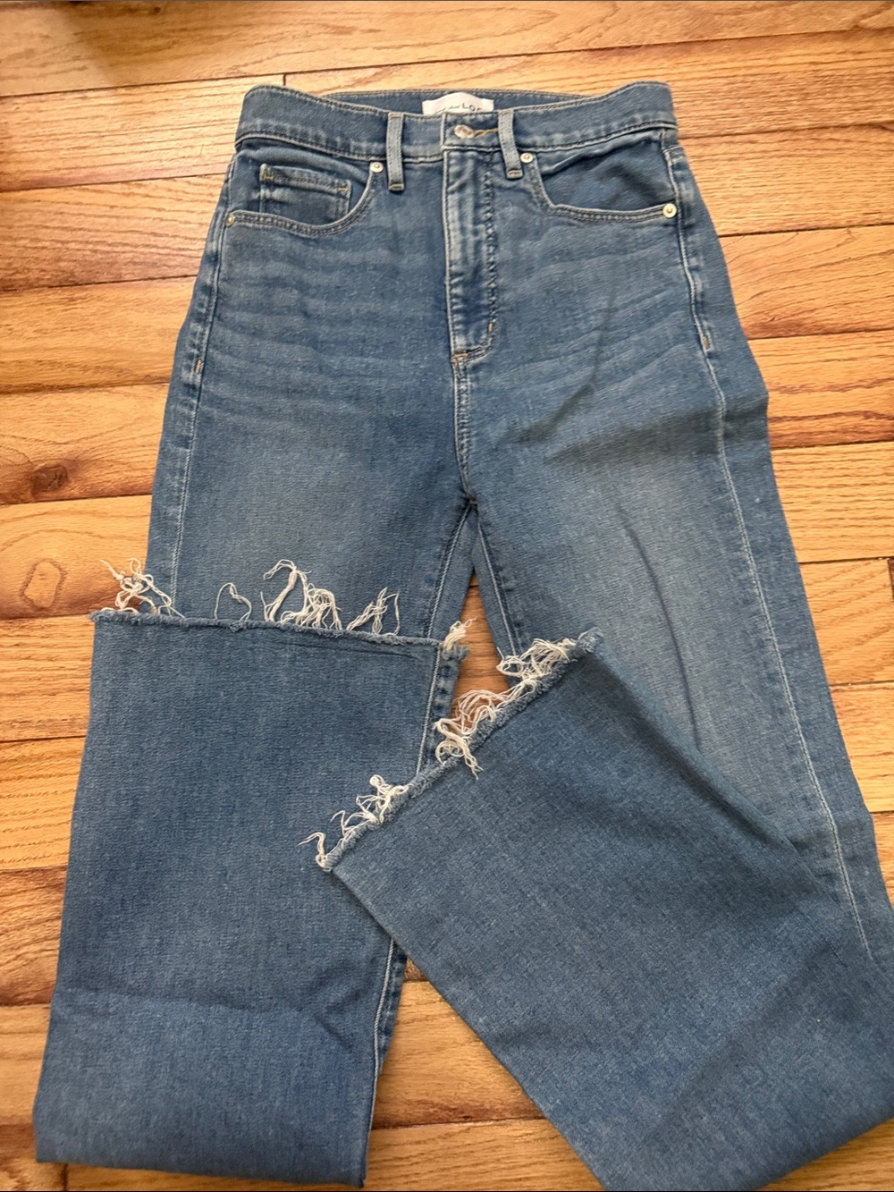 LOFT Medium Blue Straight-Leg Jeans with Frayed Hem